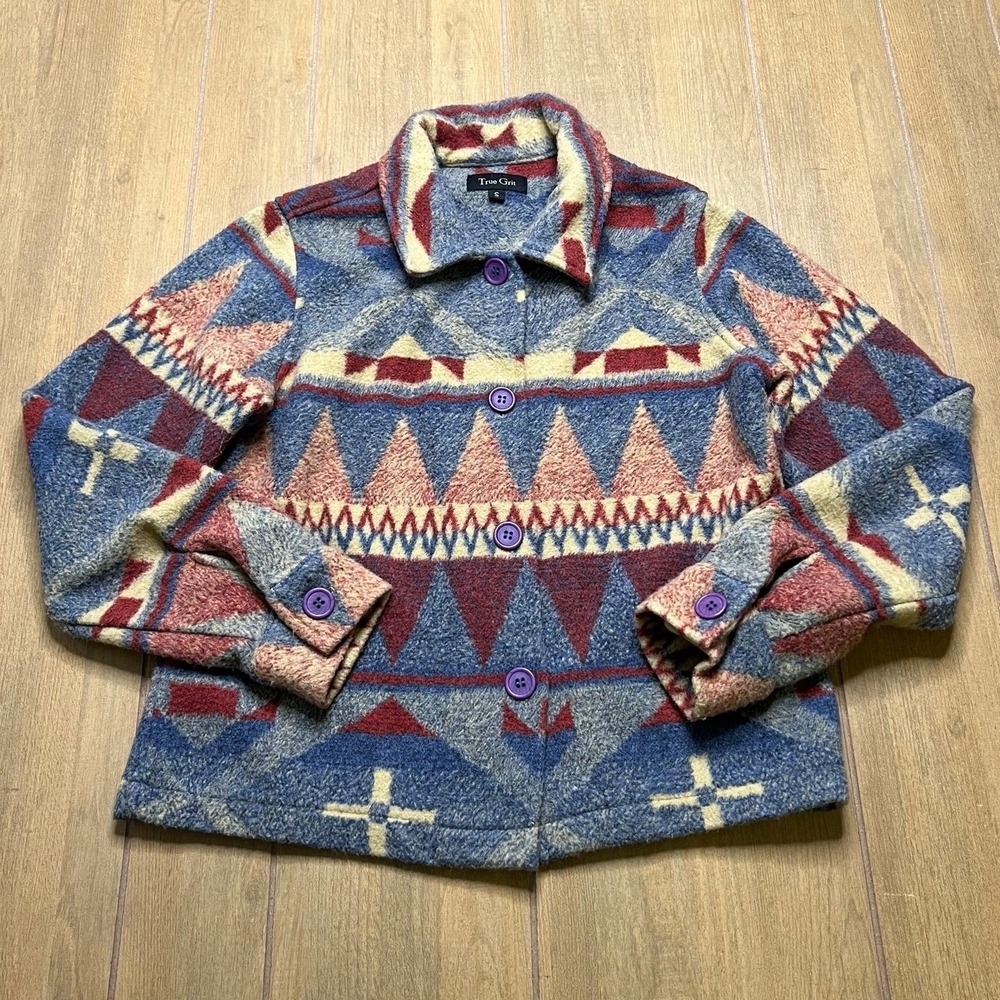 True Grit Liberty Blanket Jacket Women‎ Small Blue Southwestern Shirt Jacket USA